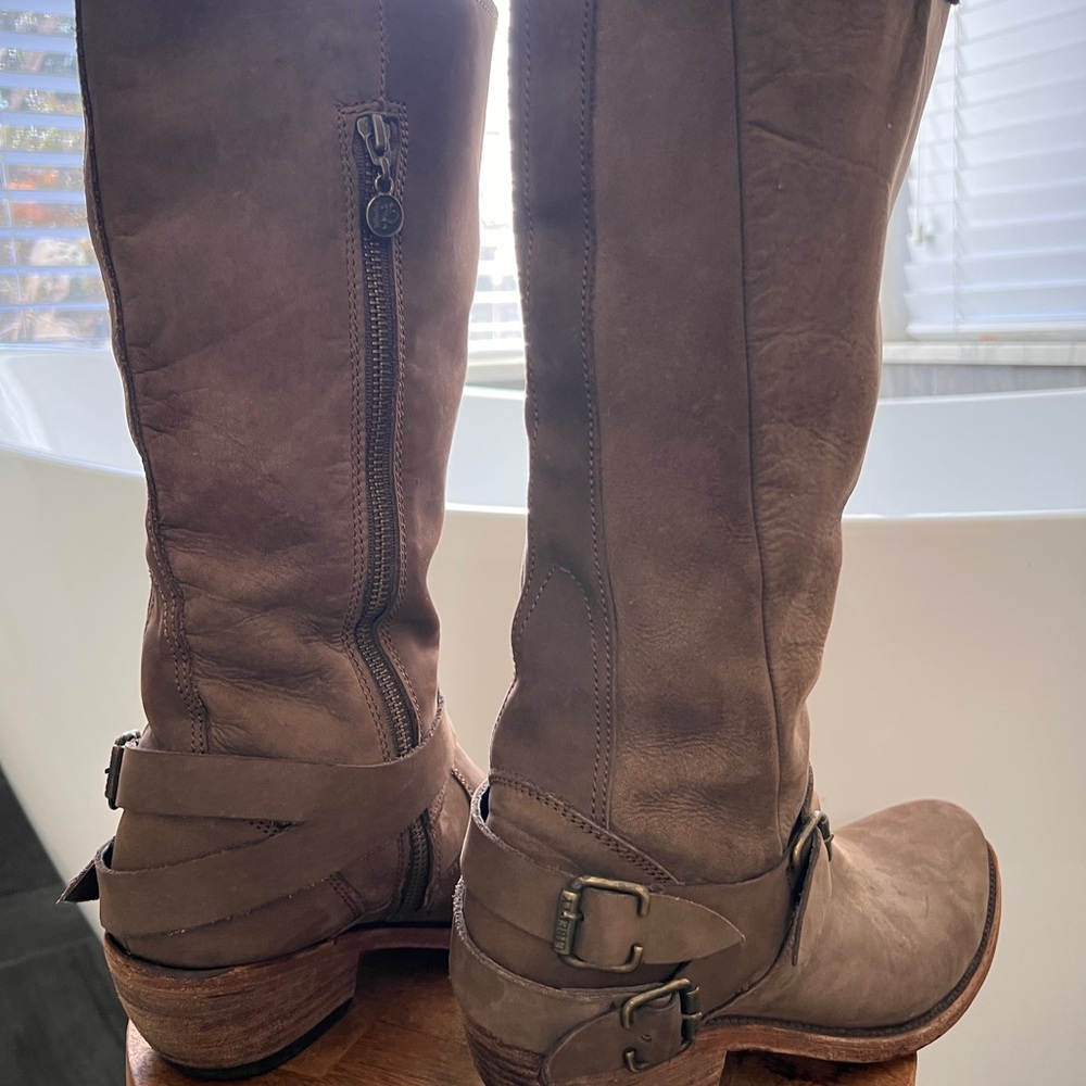 Stylish Taupe Heeled Boots with Buckle Detail